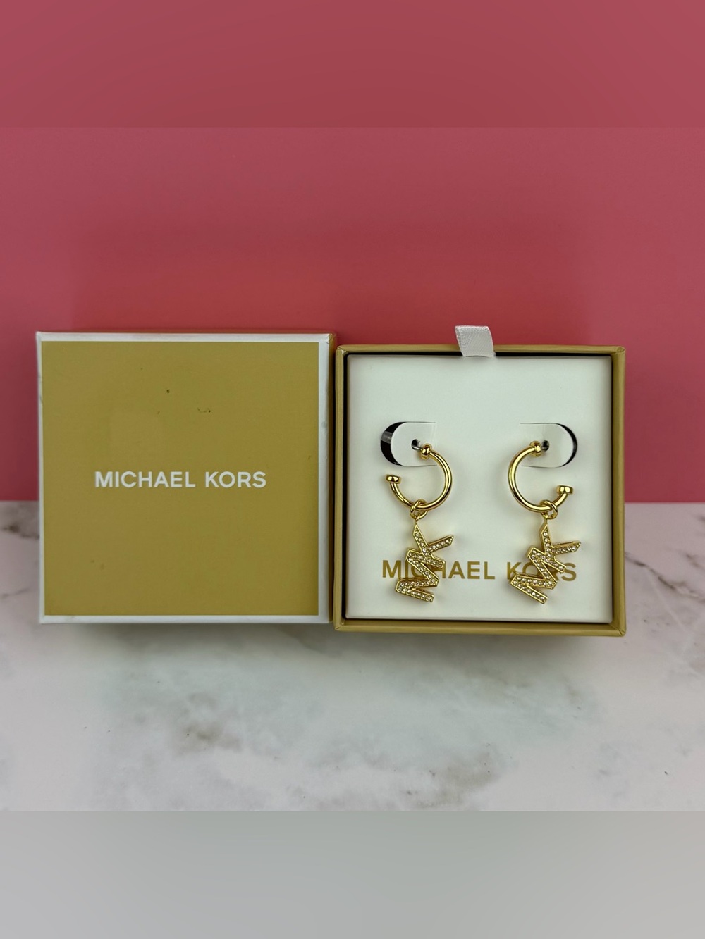 Michael Kors Pavé Logo Charm Drop Hoop Earrings – Gold-Tone